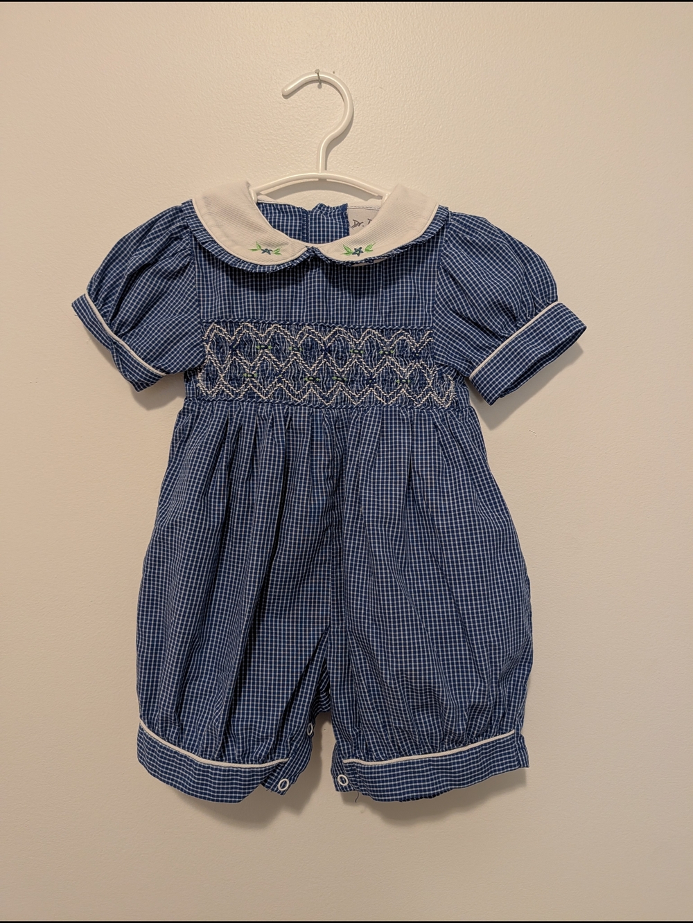 Blue Gingham Smocked Baby Romper with White Peter Pan Collar